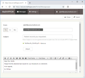 A screenshot showing users how to compose and send a HIPAA-compliant email using MailHippo.
