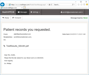 Screenshot of a page indicating the person received the message with an icon allowing them to download the attached file.
