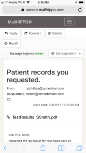 Example of a secure MailHippo message received on a mobile phone