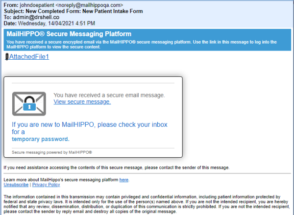 HIPAA Compliant email notification of inbound message.